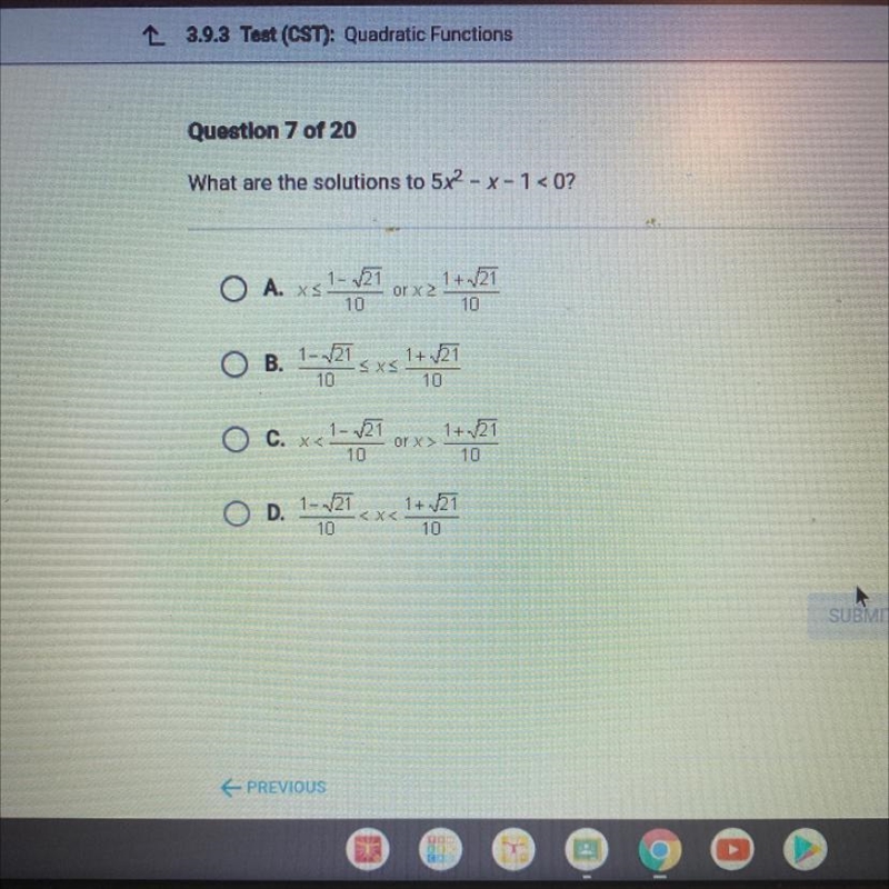 What are the solutions to 5x2 - x-1<0?-example-1