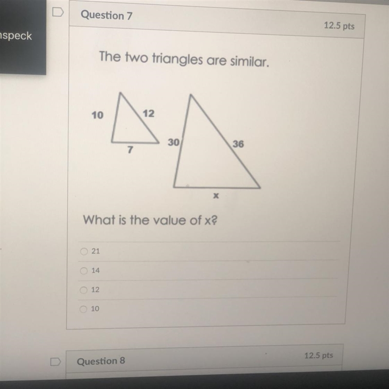 The two triangles are similar. What is the value of x?-example-1