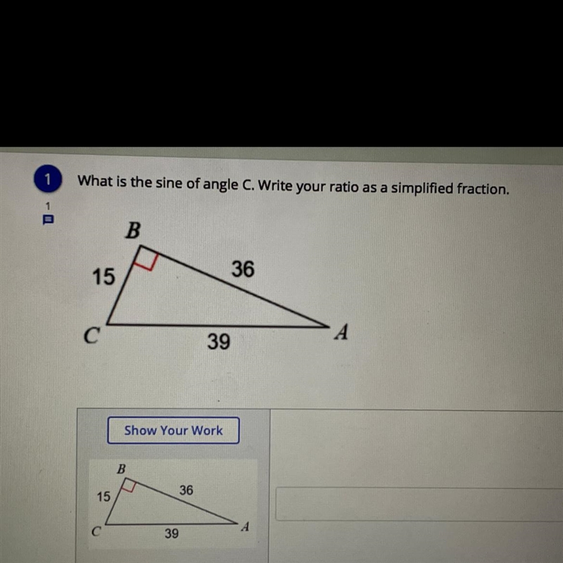 What is the sine of angle C. Write your ratio as a simplified fraction.-example-1