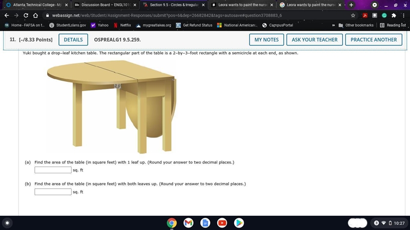 Yuki bought a drop–leaf kitchen table. The rectangular part of the table is a 2–by-example-1