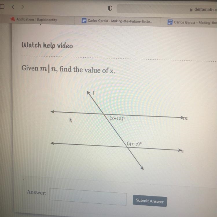 Given m||n, find the value of (x+12) 4x-7)°-example-1