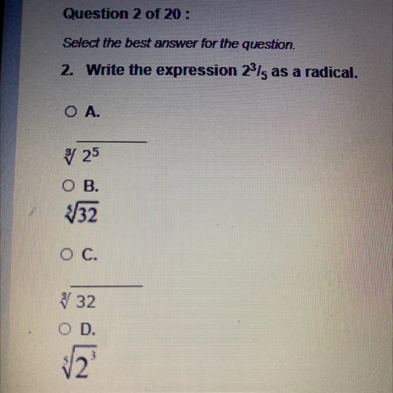 2. Write the expression 23/5 as a radical. Need help!!!!!!!!!!!!-example-1