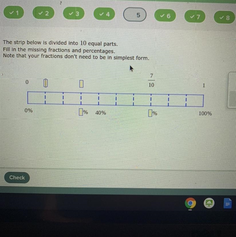 The strip below is divided into 10 equal parts. Fill in the missing fractions and-example-1