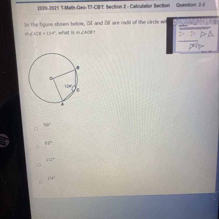 In the figure shown below, OA and OB are radio of the circle with center O. If m-example-1