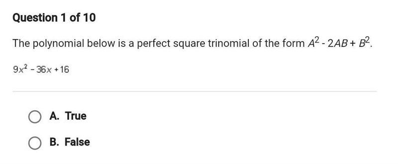 The polynomial below is a perfect square trinomial of the form A2 - 2AB + B2. 9x^2-36x-example-1