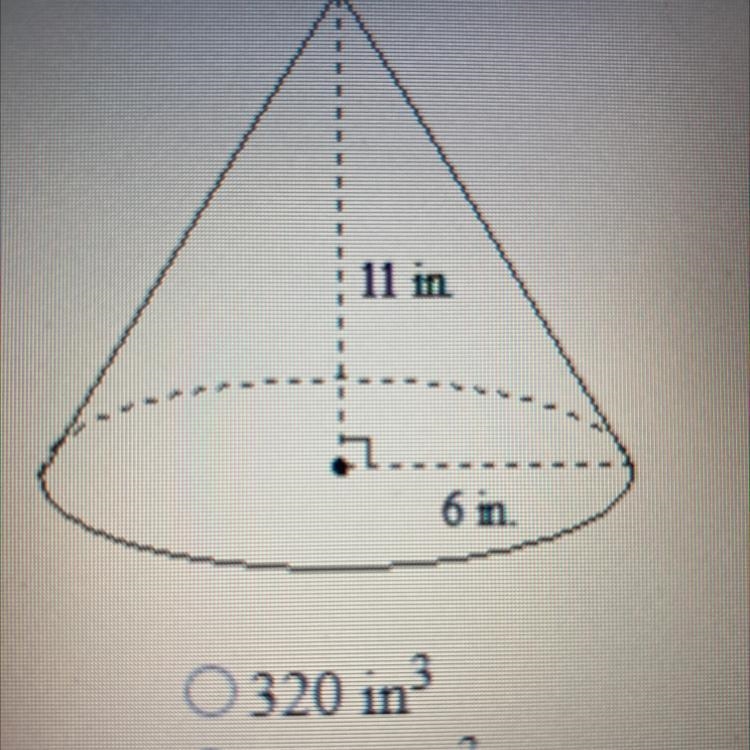 Find the volume of the given cone. A.320 in B.1,244 in C.415 in D.622 in-example-1