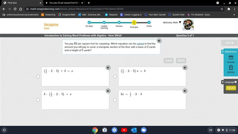 You pay $3 per square foot for carpeting. Which equation can be solved to find the-example-1