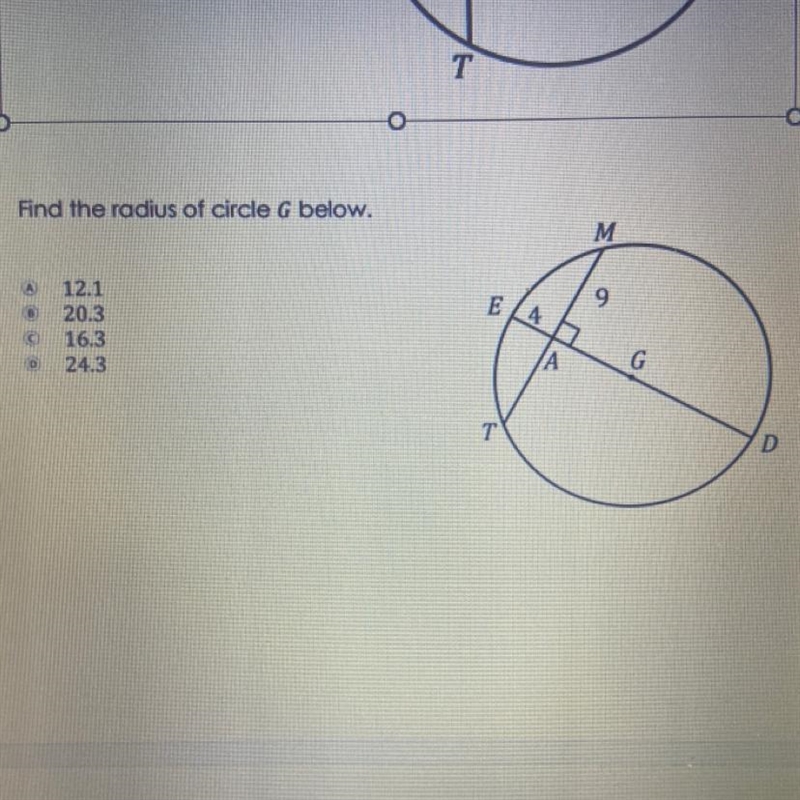 Find the radius of circle G below.-example-1