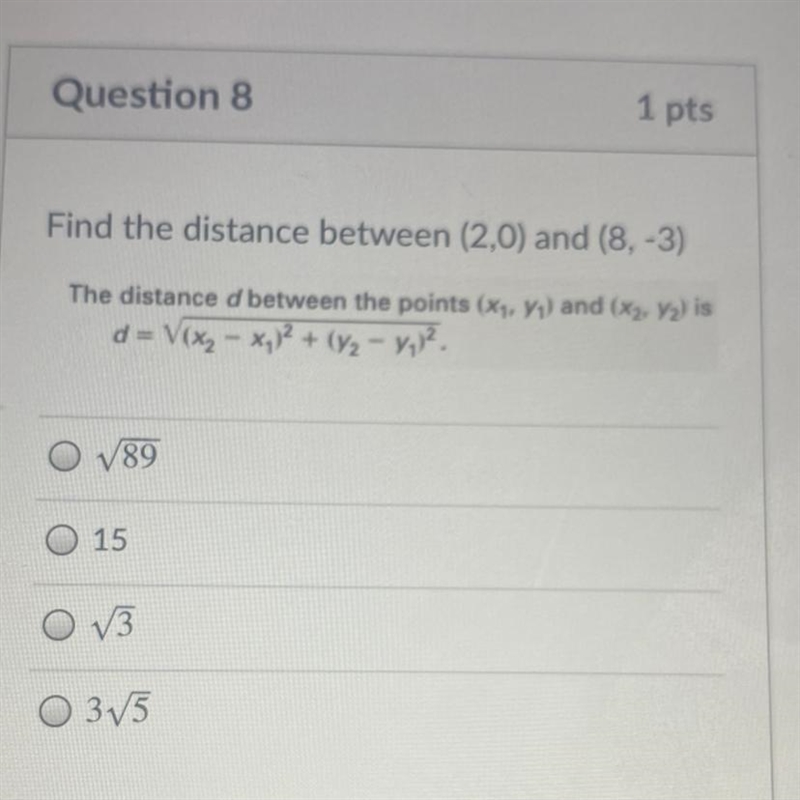 Find the distance between (2,0) and (8, -3) The distance d between the points (Xy-example-1