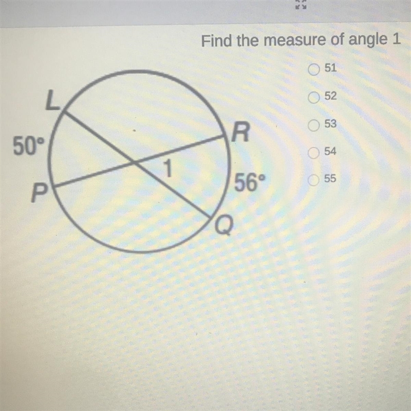 Find the measure of angle 1 51 52 53 50° R 54 55 P Р 56°-example-1