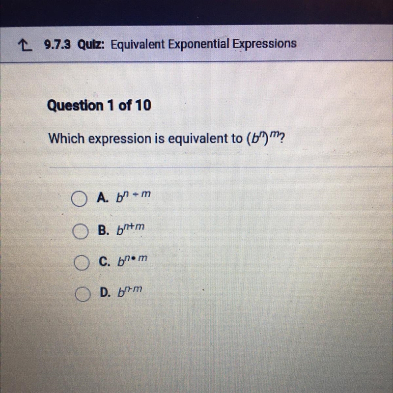 Which expression is equivalent to (b^n)m?-example-1