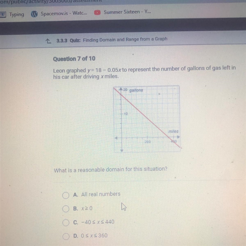 Question 7 of 10 Leon graphed y = 18 -0.05x to represent the number of gallons of-example-1