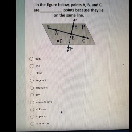 In the figure below, points A, B, and C are ______ points because they lie on the-example-1