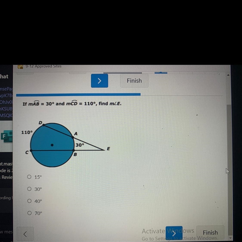 If mAB = 30° and mCD = 110°, find mLE. D 110° А 30° E с B O 15° O 30° O 40° O 70°-example-1