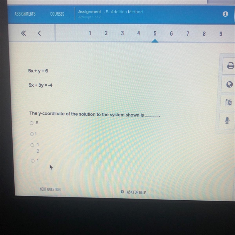 5x + y = 6 5x + 3y=-4 The y-coordinate of the solution to the system shown is -5 01 1 2 0-1-example-1