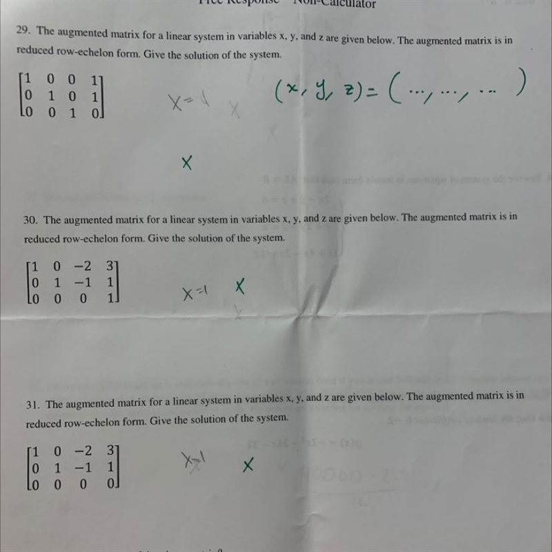 29. The augmented matrix for a linear system in variables x, y, and z are given below-example-1