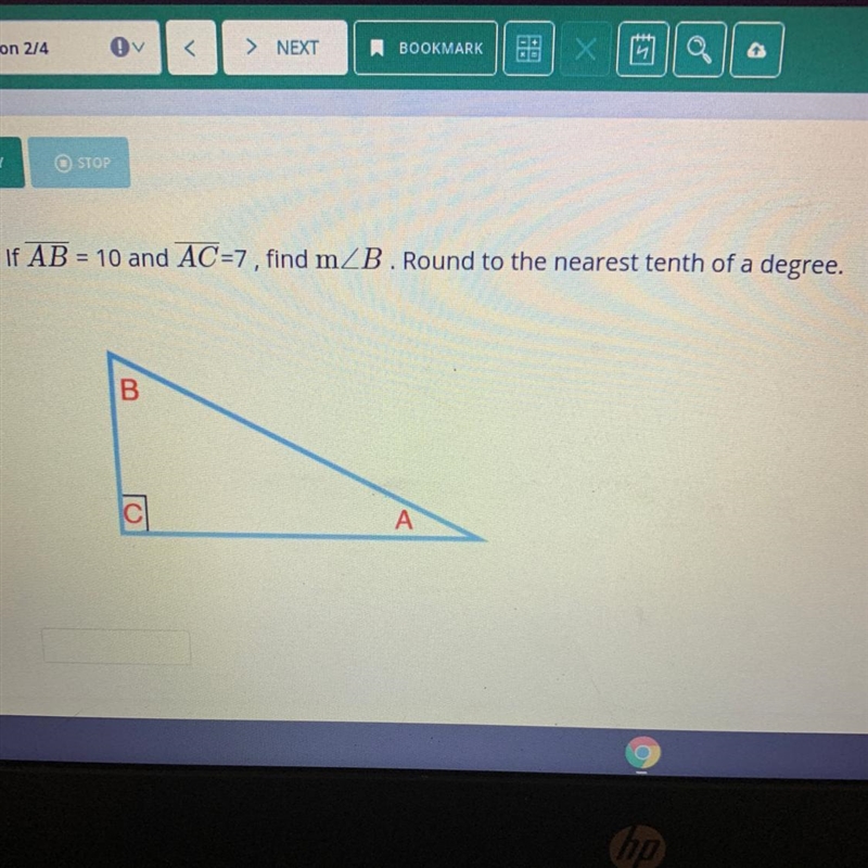 If AB = 10 and AC=7 , find m B. Round to the nearest tenth of a degree.-example-1