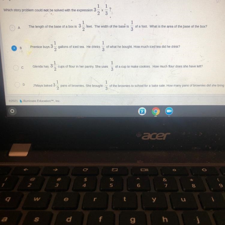 Which story problem COULD not be solved with a expression 3 1/2 x 1/3-example-1