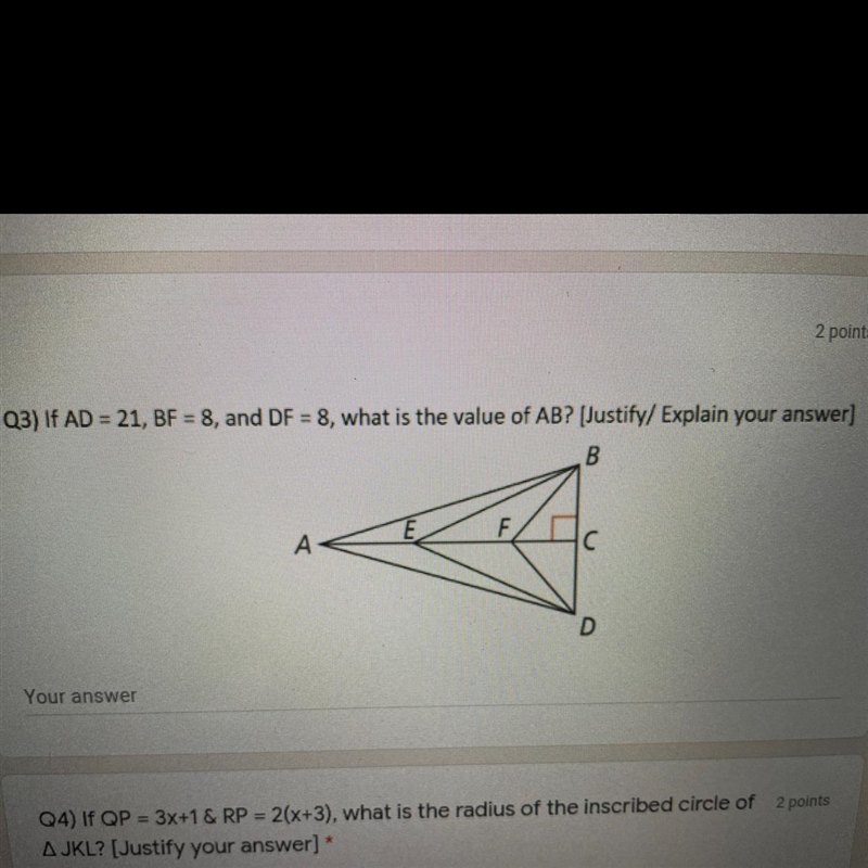 If AD = 21, BF = 8, and DF = 8, what is the value of AB?-example-1