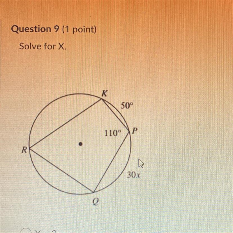 Question 9 (1 point) Solve for X K 50° 110° P R w 30x-example-1