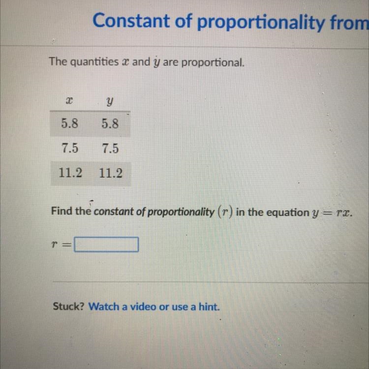 The quantities and y are proportional. 2 y 5.8 5.8 7.5 7.5 11.2 11.2 Find the constant-example-1