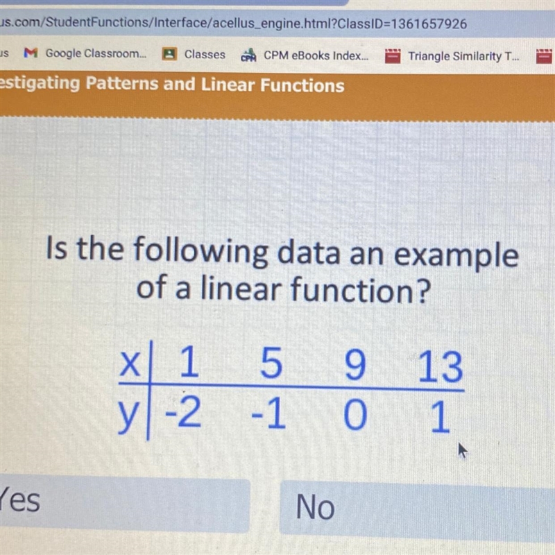 Is the following data an example of a linear function? Yes or no-example-1