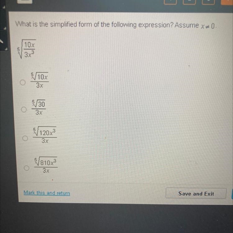 What is the simplified form of the following expression? Assume X=0 5v10x/3x^3-example-1