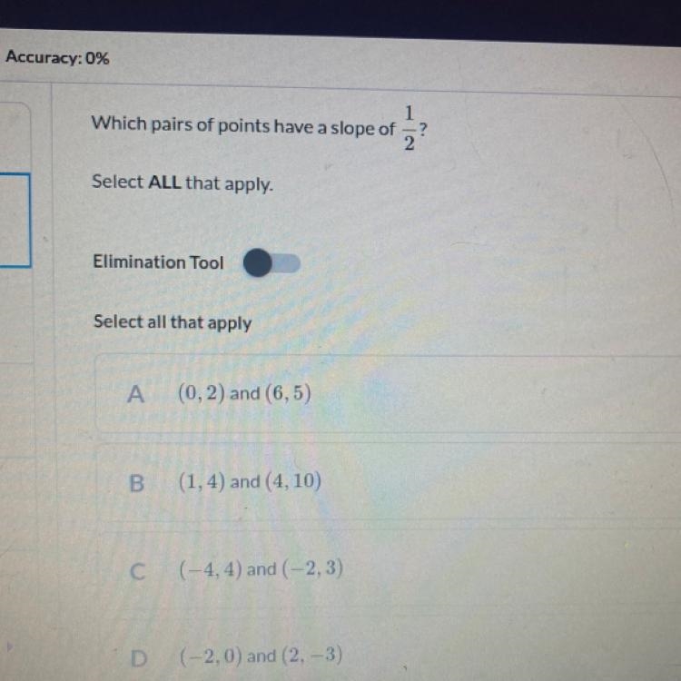 Need help!!! which pairs of points have a slope of 1/2?-example-1