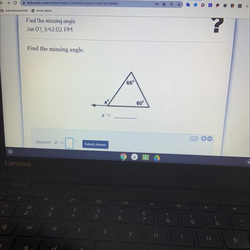 Find the missing angle. 65° 60° X=-example-1