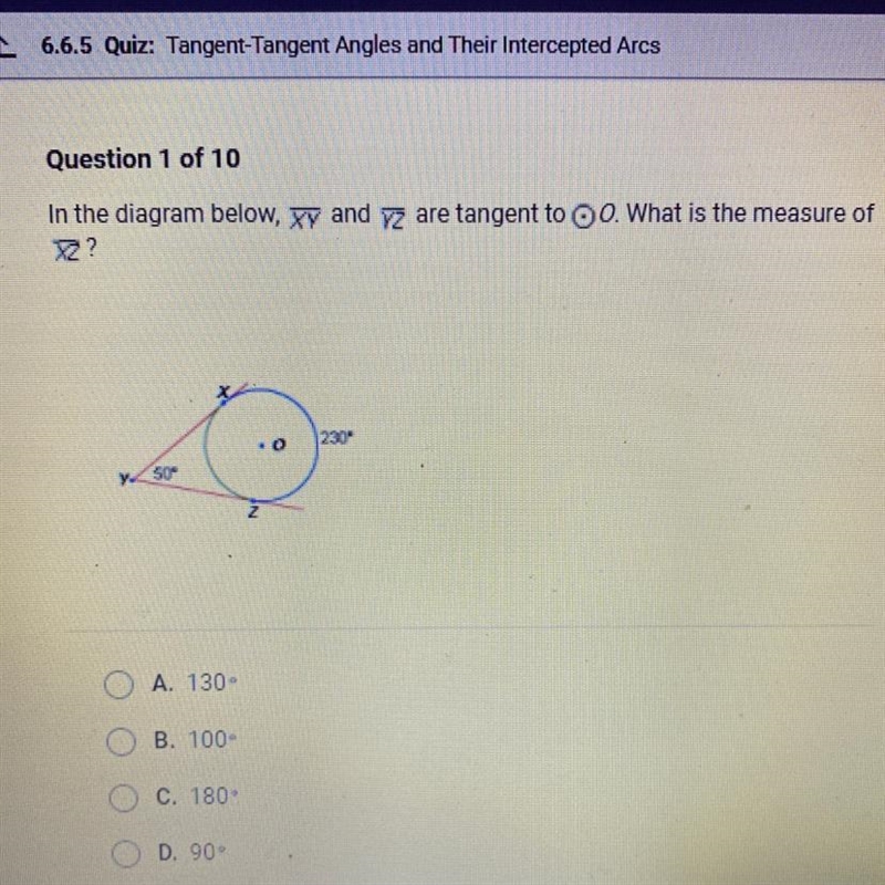 In the diagram below, xy and z are tangent to 0. What is the measure of XZ?-example-1