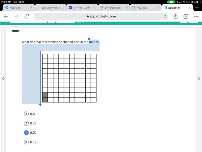 The large square pictured below represents one whole. What decimal represents the-example-1