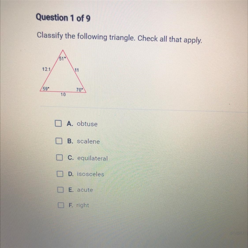 Classify the following triangle Check all that apply. 12 YON NA, obtuse LM B salene-example-1