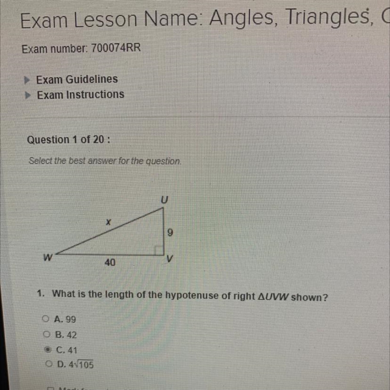 X 9 W 40 V 1. What is the length of the hypotenuse of right AUVW shown? O A. 99 OB-example-1