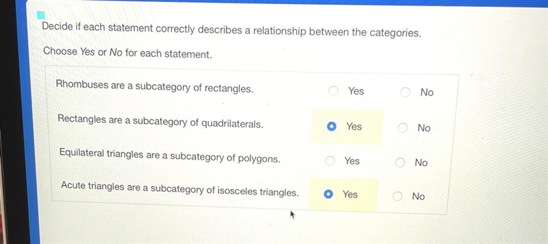 Decide if each statement correctly describes a relationship between the categories-example-1