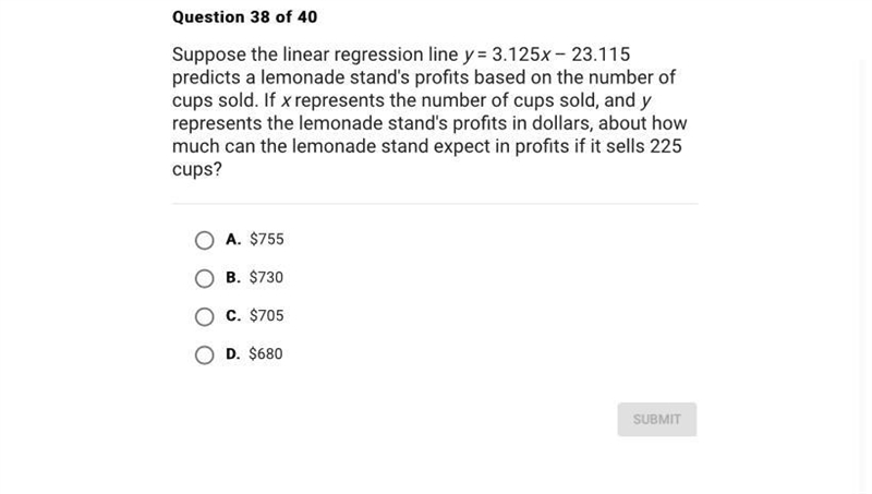 Suppose the linear regression line y = 3.125x – 23.115 predicts a lemonade stand's-example-1