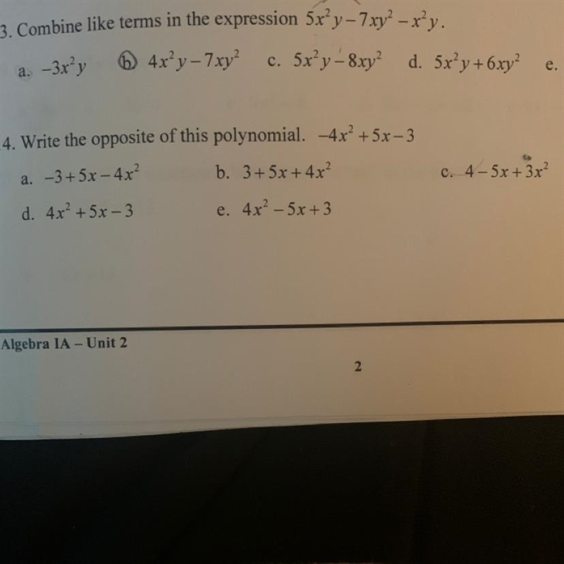 14. Write the opposite of this polynomial. -4x2 + 5x - 3 a. -3+5x - 4x2 b. 3+ 5x + 4x-example-1