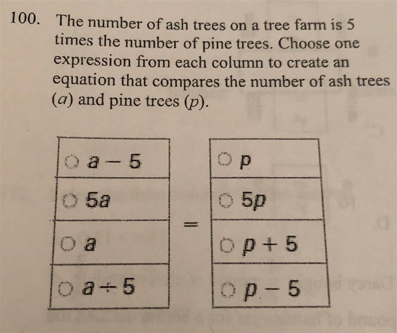 T 100. The number of ash trees on a tree farm is 5 times the number of pine trees-example-1