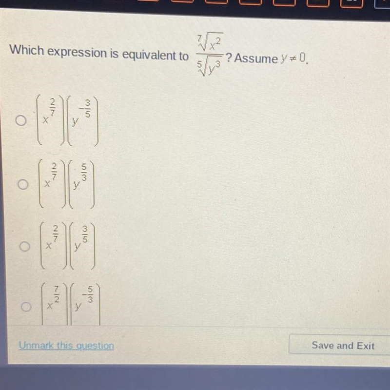 HELPPPP! Which expression is equivalent to 7Vx^2/5Vy^2-example-1