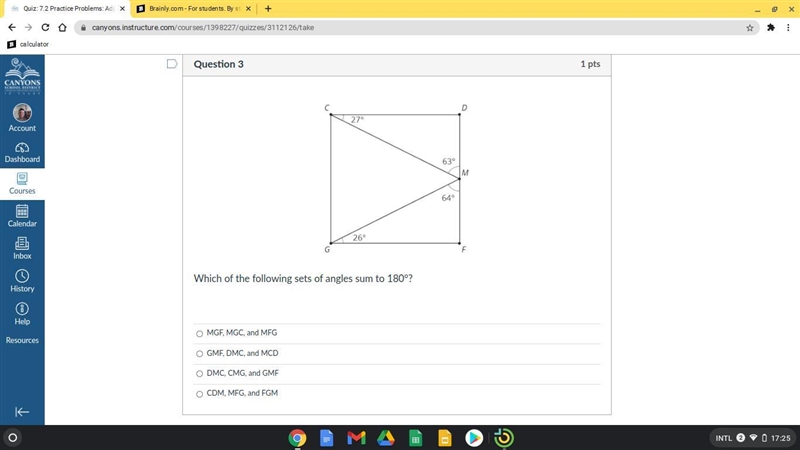 Which of the following sets of angles sum to 180°? picture included, please help.-example-1