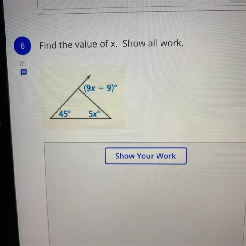 Find the value of x. Show all work. (9x+9)° 45 5x-example-1