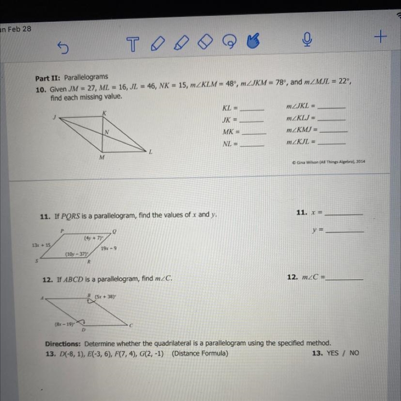 11.)-If PQRS is a parallelogram, find the values of x and y. 12.)- If ABCD is a parallelogram-example-1