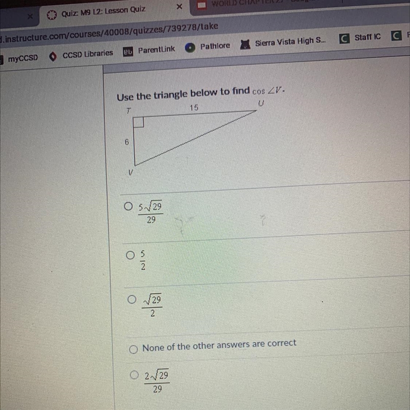 Use the triangle below to find cos V.-example-1