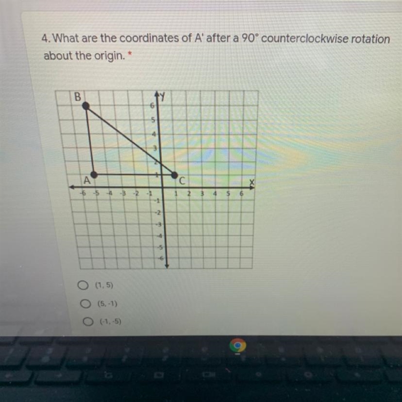 What are the coordinates A’ after 90 counterclockwise rotation about the origin.-example-1