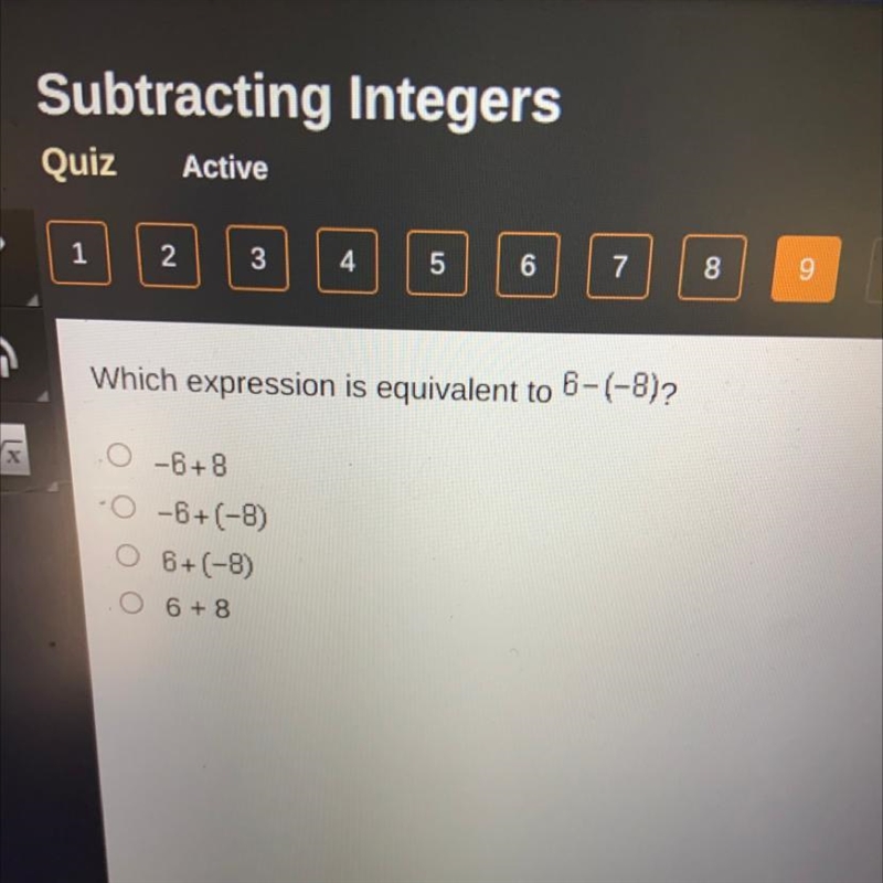 Which expression is equivalent to 8-(-8)2 O-8+8 -0-8+(-8) O 8+(-8) O 6-8-example-1