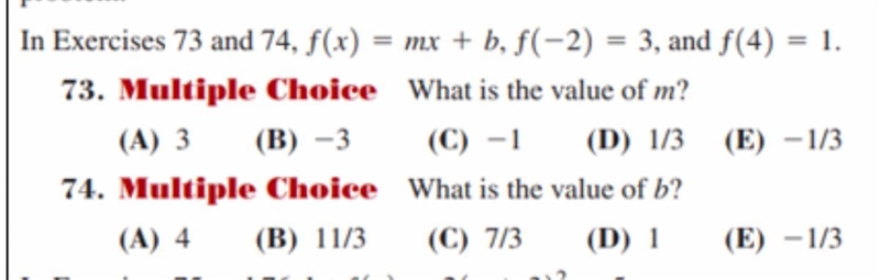 Please guys helppp ;( F(x)=mx+ b, f(-2)=3 and f(4)=1 , what is the value of m and-example-1