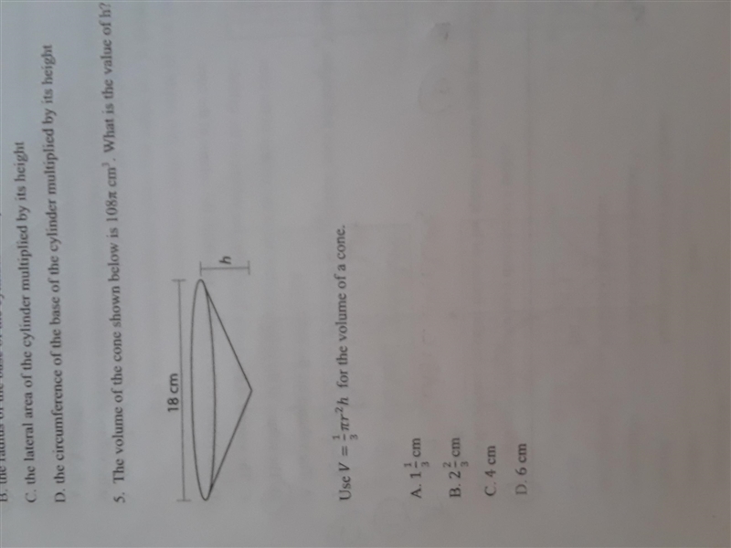 The volume of the cone shown below is 108pie cm^3. What is the value of H? Use V=1/3PIE-example-1