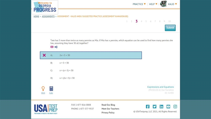 Tate has 5 more than twice as many pennies as Mia. If Mia has x pennies, which equation-example-1