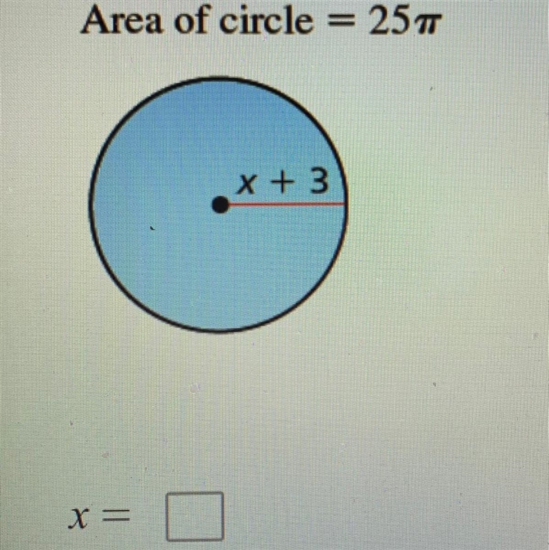 URGENT PLZ HELP find the value of x area of circle = 25pi radius = x+3-example-1