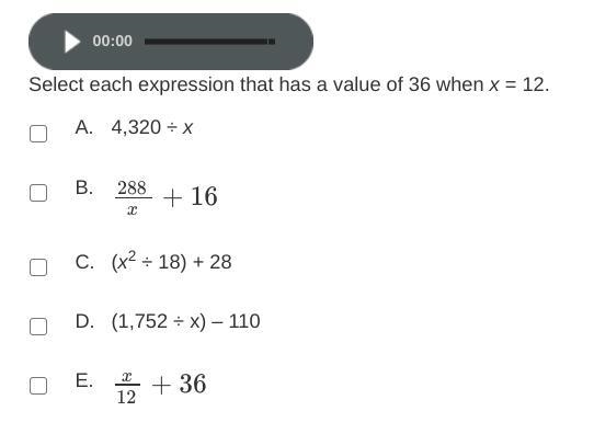 Select each expression that has a value of 36 when x = 12.-example-1