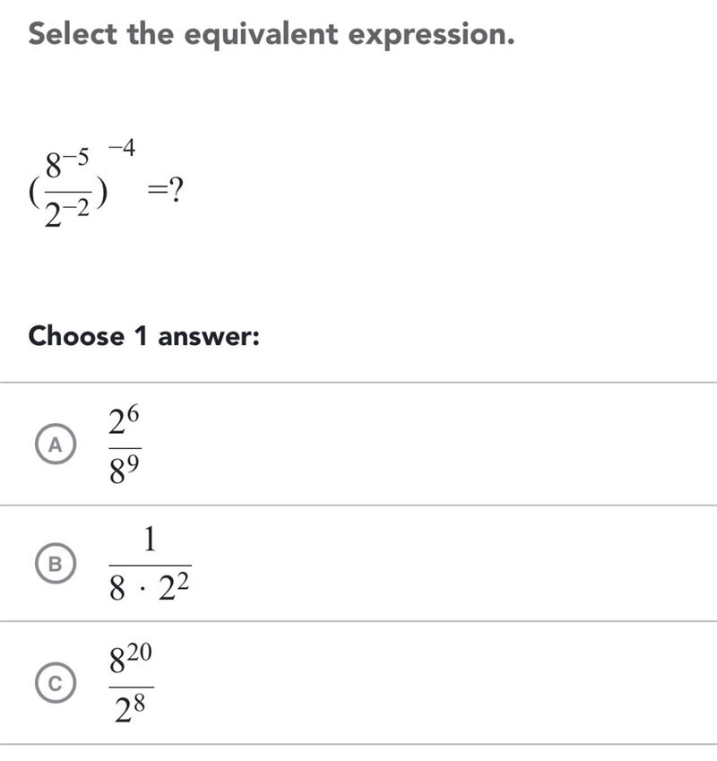 Select the equivalent expression . ( 8^ -5 2^ -2 )^ -4 =?-example-1